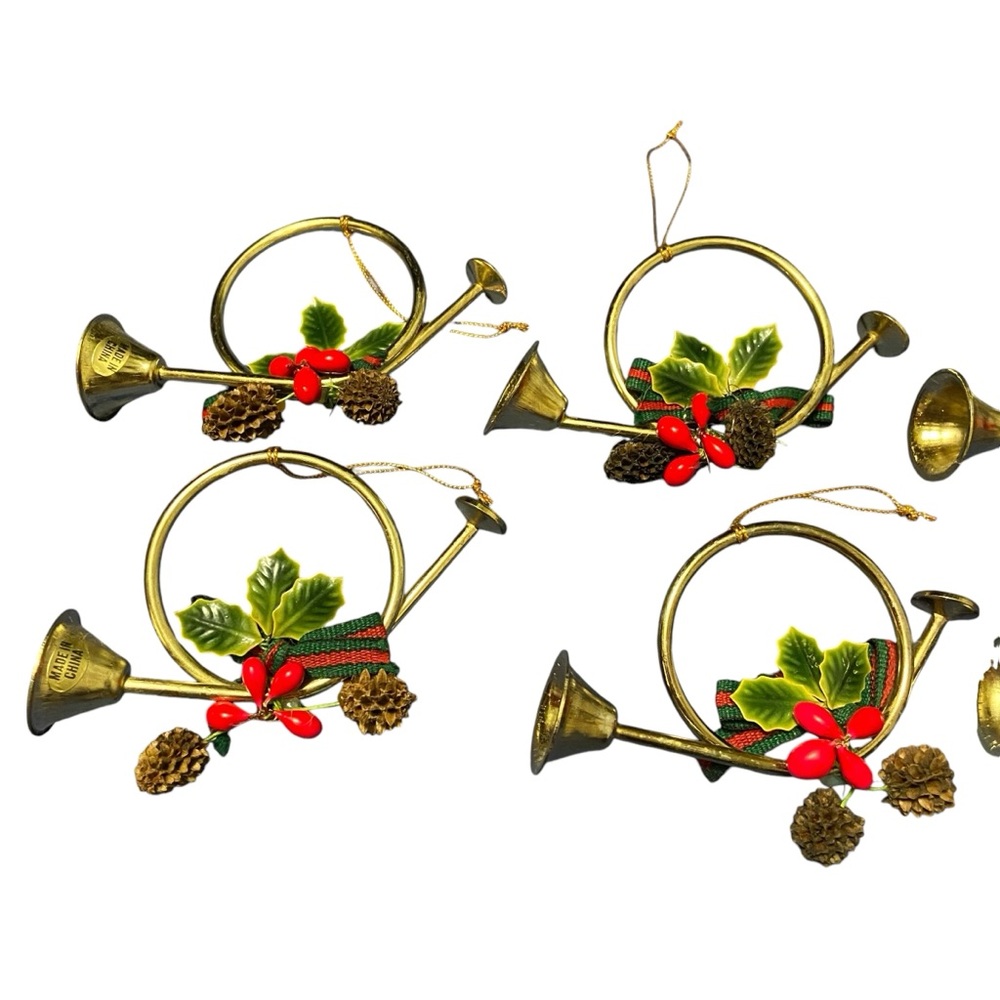 Vintage Brass French Horn Christmas Tree Ornament Ribbon Pine Cones Holly Bugles - Picture 6 of 8